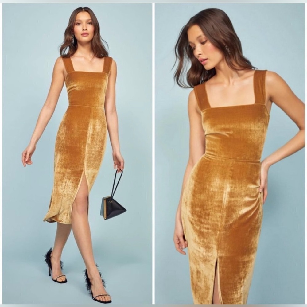 Reformation Gold Velvet Midi Dress